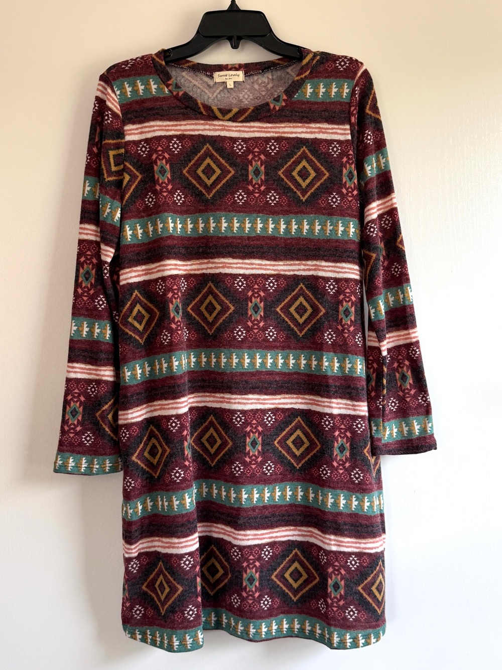 Sweet Lovely by Jen Southwestern-Print Long Sleeve Dress in Burgundy Knit Woven